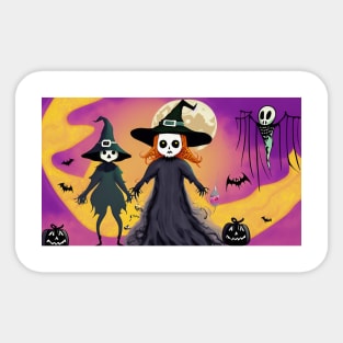 Two skeleton witches standing next to each other in front of a full moon Sticker